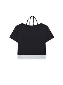 Korean Style Sleeveless Contrast Color T-Shirt For Women, Stylish Design, Spring/Summer Casual Black - Black - View 7
