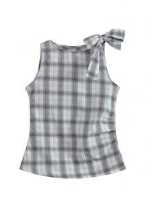 韩版INS蝴蝶结吊带无袖格子衬衫上衣，透气面料（随机条纹或格子图案），白色，夏季款 - 白色 - 查看 5