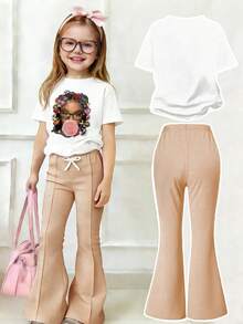 Bộ đồ cho bé gái in hình hoạt hình: áo tay ngắn cổ tròn và quần ống loe. - trắng - Xem 2