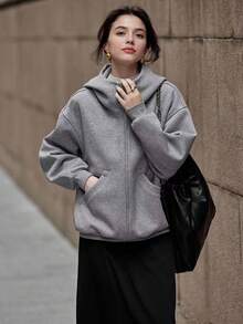 女士宽松加厚外套，带帽，运动外套，带口袋，适合冬季、春季和秋季穿着 - 灰色 - 查看 2