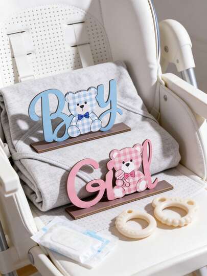 2pcs Blue/Pink Wooden Desktop Decor, Gender Reveal Party Decorations With Cute Bears, Suitable For Baby Nursery, Best Gift For Mom