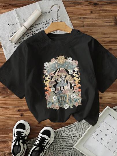 Women's Casual Short Sleeve Crew Neck T-Shirt - Imaginative Mushroom And Flower Pattern With The Quote "Start Every Day With A Happy Heart" - Soft, Breathable Fabric, Machine Washable, Year-Round Comfort, Easy-Care Top, Playful Design Shirt, Non-Transparent Material