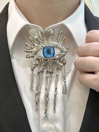 1pc Vintage Eye-Shaped Crystal Brooch, Women's Tassel Chain Collar Pin Badge, Elegant & Fashionable Jewelry Accessory, Evil Eye Decor, Jacket Decoration Brooch, Women Jewelry