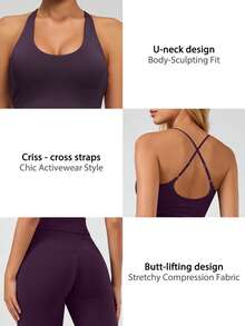 1 Set Women's Elastic Spaghetti Strap Criss-Cross Back Elastic Camisole And Pants Sports Suit - Purple - View 3