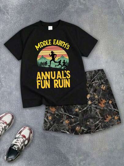 加大码男士休闲印花圆领短袖T恤，夏季