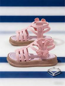 1 Pair New Girls' Rabbit Print PU Soft Bottom Sandals, Summer Breathable Non-Slip Children Roman Shoes, Princess Style Toddler Beach Casual Shoes - Pink - View 4