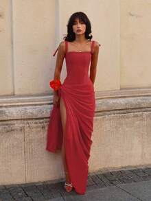 Corset & High Slit Evening Maxi Dress - Women's Sexy Open Back Bodycon With Spaghetti Straps, Elegant & New - 紅色 - 查看 6