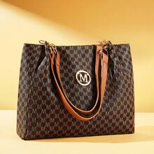 Women's PU Retro M Print Character, M Retro Hardware Accessories, Large Capacity Spring Summer Travel Vacation Zipper Closure Shoulder Bag, Crossbody Bag, Handbag, Tote Bag, Mother's Day Gift - 黑色 - 查看 6