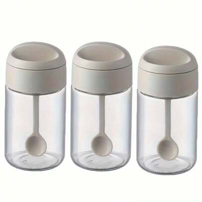 3个带一体式勺盖的密封玻璃调料罐 - 气密塑料调味罐，透明盖，适合家庭厨房，非常适合存放香草和香料