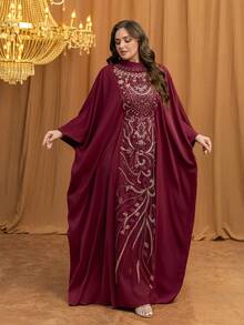 UNITHORSE Women's [Random Cut] Stand Collar Batwing Sleeve Long Luxury High-End Elegant Sequin Lace Patchwork Matte Satin Women Sleepwear Dress - Burgundy - View 5