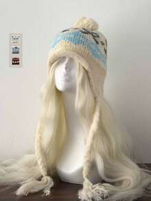 1pc Fair Isle Pom-Pom Beanie, Knitted Earflap Hat For Women, Autumn/Winter, Versatile, Warm And Windproof
