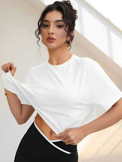 ATTRACO Women's Soft Cropped T-Shirt, Knit Crew Neck Pullover, Comfortable Yoga Workout Oversized Outdoor Sports Gym Top, Spring/Summer