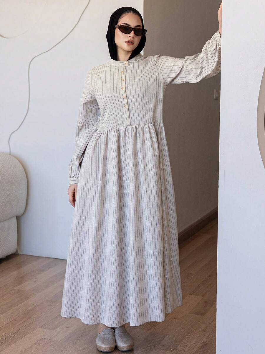 DAZY 女士条纹宽松A字连衣裙，自然风长款连衣裙 - 卡其色 - 查看 1