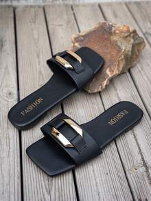 Women's Summer New Fashion Sandals, Square Toe Buckle Strap Printed Beach Shoes - Black - View 5