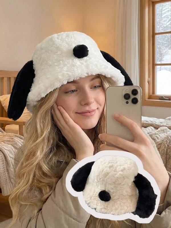 1pc Cute Plush Solid Color Animal Shaped Small Dog With Long Ears Bucket Hat, Ear Protection Warm, Plush Hat, Women Autumn/Winter Ear Protection Casual Warm Windproof Hat, Suitable For Party, Casual Daily Wear