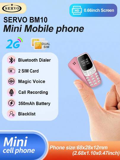 SERVO BM10迷你多功能手机，支持双卡双待、蓝牙、录音、2G GSM网络、多语言迷你手机