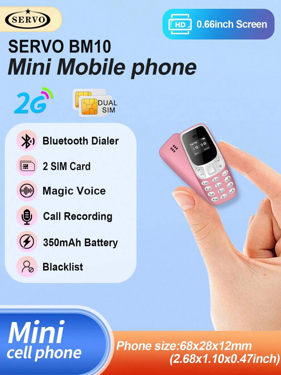 SERVO BM10 2G GSM迷你手机，双卡双待，0.66英寸屏幕，来电黑名单，闹钟，小巧实用手机 - 橘色 - 查看 1