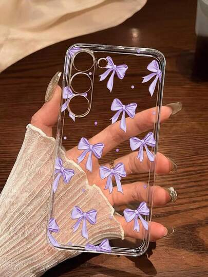 1 st. mjukt telefonskal med lila prickar och rosett, kompatibelt med 17/17 Air/17 Pro/17 Pro Max, Honor, Redmi, Galaxy A04e/12/A13/A14/A34/A50/A52/A53/A54/S21/S22/S23/S24/S25/S25Ultra, 6A/7A/8A, 12T/13T