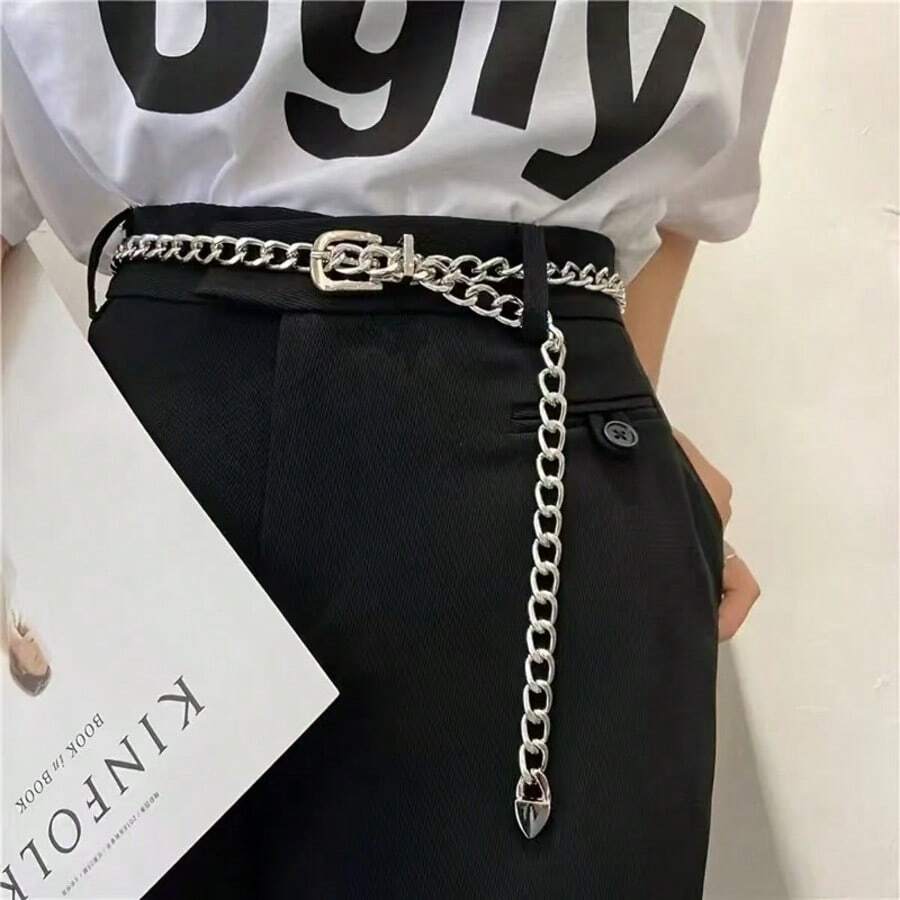 Plus Size Fashion Metal Chunky Chain Waist Belt For Women, Suitable For Dress, Shirt Summer, School Fall, Autumn, Halloween - Silver - View 1