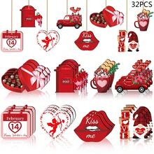 Juego de 32 adornos colgantes de San Valentín con forma de gnomo de labios planos de madera para fiesta de aniversario de boda - Multicolor - Ver 6