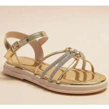 SANDALIA INFANTIL MENINA COM AMARRAÇÃO E TIRAS DE STRASS NA FRENTE LINDA CONFORTAVEL - Dourado - Visão 2
