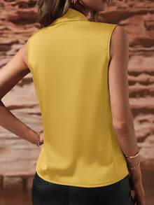 Women's Satin Tank Tops Solid Color Sleeveless Wrap V Neck Pleated Summer Shirts - Yellow - View 7