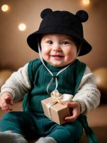 1pc Baby Toddler Cute Ear Windproof Scratch-Resistant Rope Bucket Hat, Adjustable Children's Hat For Boys And Girls, Casual Daily Wear - Multicolor - View 2