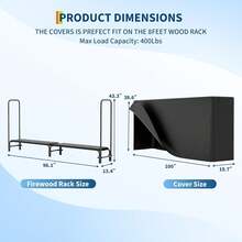 Estante de leña para quemar con cubierta, Tenedores Estante de tronco de leña para quemar al aire libre con cremallera, Estantes de tronco de almacenamiento de leñas para quemar de interior de 4 pies / 8 pies, Tela Oxford impermeable negra - 8 pies - Ver 2