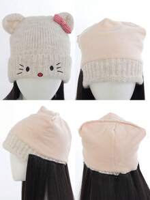 Long, Straight White Knitted Warm Hat Wig With Straight Hair Extensions, Cute Cat-Shaped Wig, Suitable For Girls. - Multicolor - View 5
