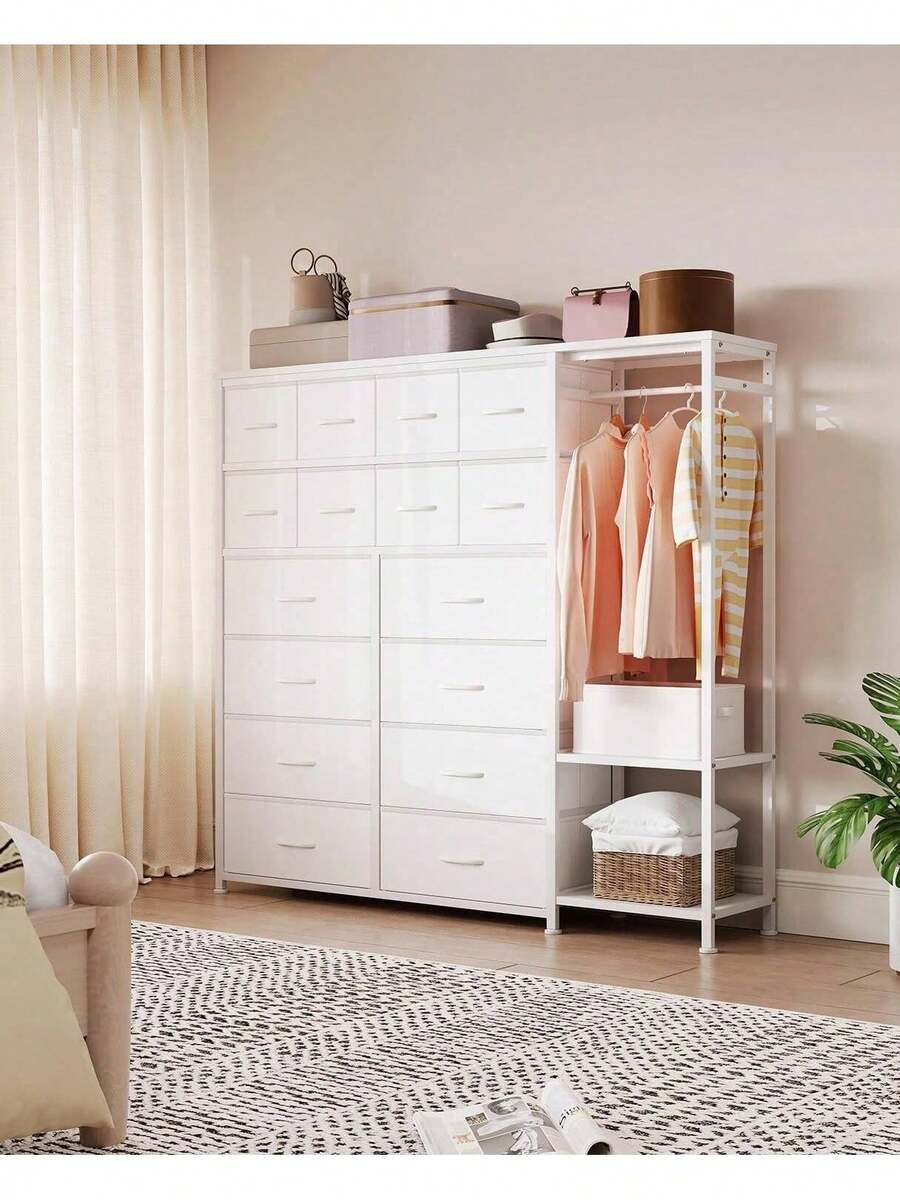 Vestidor de cajón de estante de almacenamiento de ropa con estantes de 16 cajones y 2 niveles, armario independiente de ahorro de espacio para dormitorio pequeño / apartamento | No se necesita montaje, cajones de tela transpirables - Blanco - Ver 1