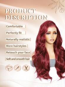 13x6 Lace Front Wig, Burgundy Wavy Curly, Heat Resistant Synthetic Fiber, Transparent Lace Front Wig, Natural Looking For Women, Swiss Lace No Glue - Burgundy - View 4
