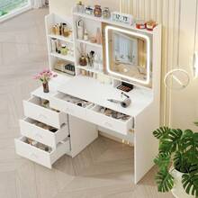 Tocador Vanity Con Espejo Luz Led Mueble Para Maquillaje, Tocador De Maquillaje Con Estación De Carga Escritorio - Blanco - Ver 2