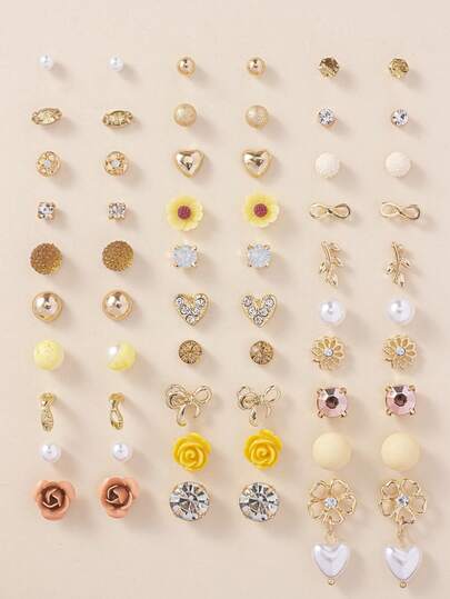 30 Pairs Women's Fashion Earrings Set, Rhinestone, Metal, Faux Pearl, Floral, Bow Knot, Versatile Casual Daily Wear Jewelry Gift