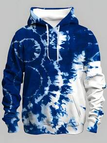 Men'S Hooded Sweatshirt - Navy Blue & White Tie-Dye Pattern, Relaxed Fit Pullover Hoodie For Everyday & Formal Outfits - Breathable Streetwear Sweater, Sweater Hoodie, Geometric Pattern, Comfortable Material, Casual Wear,  Sweater, Soft Fabric, Unisex Sweater, Young Adults - 彩色 - 查看 1