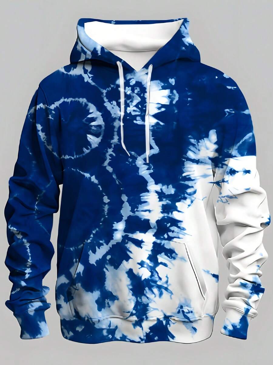 Men'S Hooded Sweatshirt - Navy Blue & White Tie-Dye Pattern, Relaxed Fit Pullover Hoodie For Everyday & Formal Outfits - Breathable Streetwear Sweater, Sweater Hoodie, Geometric Pattern, Comfortable Material, Casual Wear,  Sweater, Soft Fabric, Unisex Sweater, Young Adults - 彩色 - 查看 1