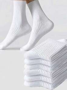 6 Pairs Women's Solid White Mid-Calf Socks, Versatile Crew Socks For Spring/Autumn And Winter - White - View 4