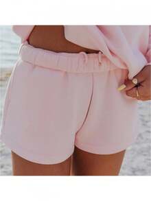 Women Athletic Shorts Loose Fit Solid Color Drawstring Sweatshorts For Yoga Running - 粉色 - 查看 1