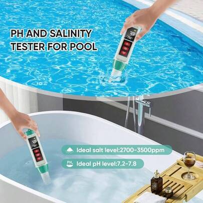 便携式五合一水质检测仪，带背光液晶显示屏和自动校准探头 - 可测量 pH 值/电导率/总溶解固体/盐度/温度，适用于饮用水、游泳池、水疗池、水族箱、热水浴缸 - 电池供电（不含电池） - 摄氏度/华氏度切换，电池续航时间长