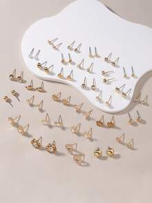 30 Pairs Assorted Metal Faux Pearl, Rhinestone, Bow, Flower, Square, Heart, Geometric Stud Earrings Set, Suitable For Everyday Casual And Work Wear - Yellow Gold - View 3