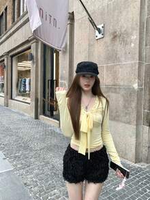 Bowknot Frill V-Neck Fitted Women Top, Early Spring - Light Yellow - View 4