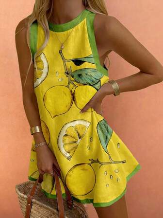 Bohemian Style Summer Beach Casual Vacation Comfortable Women's Contrast Color Lemon Leaf Print Sleeveless Dress, Suitable For Brunch