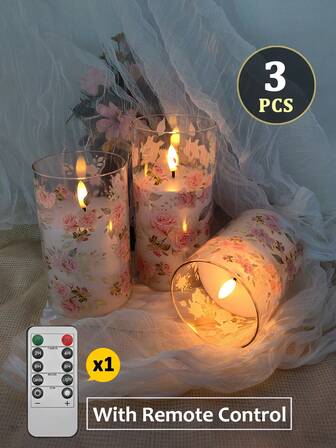 3pcs Flameless Candle Lights With Timer/Remote Control, Battery Powered, LED Candle Lights, Rose Print, Romantic Atmosphere Decoration Lights, Smokeless & Odorless Electronic LED Candles, Warm Candlelight, Suitable For Christmas, Halloween, Valentine's Day, Home, Proposal, Wedding, Gift, Birthday Decor, Party