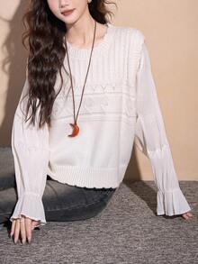 Alicedudu Women's Spring Soft Knit Patchwork Cable Design Pullover Sweater - Beige - View 4