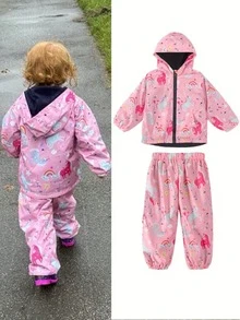 两件套女童独角兽印花连帽外套套装，休闲拉链连帽衫和裤子套装，户外女童服装，适合户外活动穿着