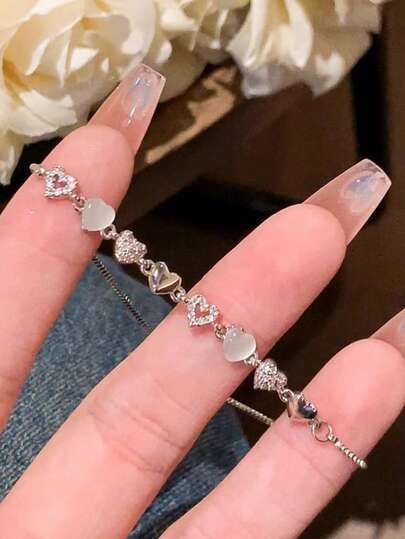 1件装奢华猫眼石心形手链，女士款，精致百搭可调节手镯，情人节心形手链