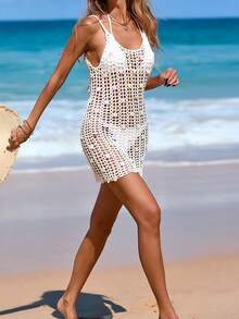 Swimsuit Coverup For Women Bathing Suit Cover Ups Crochet Beach Tank Dress Hollow Out Sequins Bikini Cover Up Sleeveless Dresses - 白色 - 查看 5