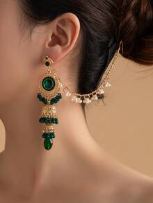 2pcs/Set Vintage Rhinestone Heart Pearl Bell Earrings & Hair Accessories, For Women Wedding Wear - White - View 7