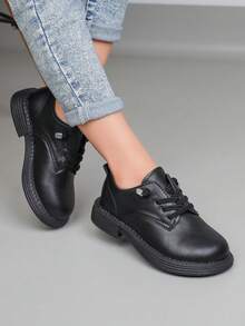 1双儿童休闲运动鞋，时尚简约低帮系带运动鞋 - 黑色 - 查看 3