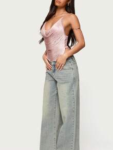 Women's Solid Color Halter Neck Backless Fringed Party Top, Women's Solid Color Fringed Street Style Top - 粉色 - 查看 8
