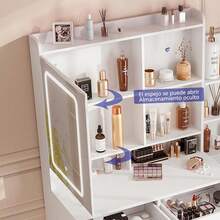 Tocador- Vanity con Espejo Luz LED Mueble para Maquillaje, con 5 Cajones y Estantes De Almacenaje para Recamara - Blanco-Derecha - Ver 4